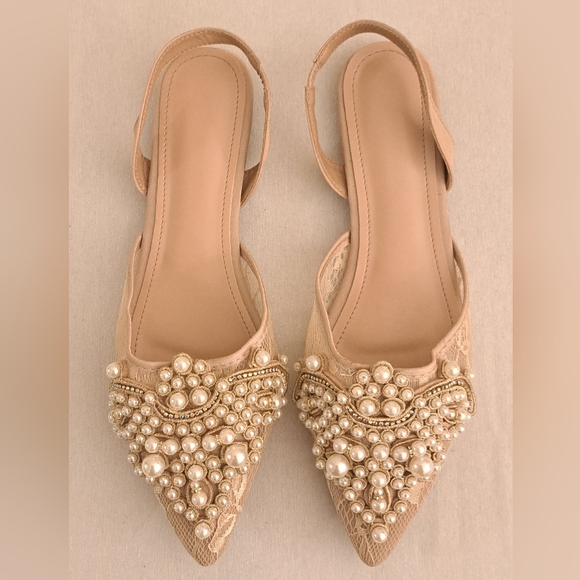 NEW Cream/Tan Pearl Beaded Lace Faux Leather Pointed-Toe Back Strap Flats, Sz 10 - Picture 5 of 9